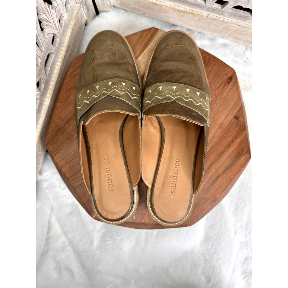 Sundance Leather Embroidered Mules Size 8 Women's Green Pewter Flats - Picture 4 of 5